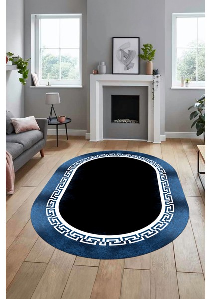 Klasik Tasarım Çerçeve Desenli Modern Yıkanabilir Mutfak Oval Salon Halısı, O-Çerçeveli-11-Mavi, fiyatları