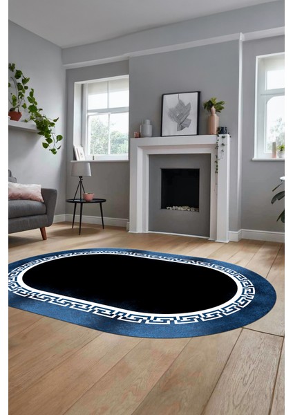 Klasik Tasarım Çerçeve Desenli Modern Yıkanabilir Mutfak Oval Salon Halısı, O-Çerçeveli-11-Mavi, modelleri