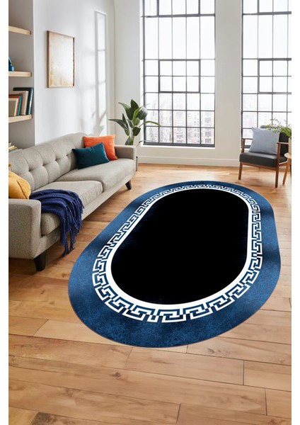 Klasik Tasarım Çerçeve Desenli Modern Yıkanabilir Mutfak Oval Salon Halısı, O-Çerçeveli-11-Mavi, fırsatları