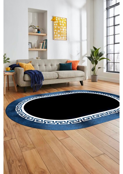 Klasik Tasarım Çerçeve Desenli Modern Yıkanabilir Mutfak Oval Salon Halısı, O-Çerçeveli-11-Mavi, indirimleri