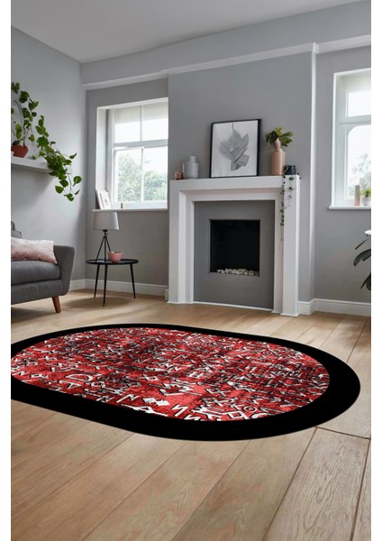 Iskandinav Çerçeve Desen Modern Yıkanabilir Yolluk Mutfak Oval Salon Halısı, O-Çerçeveli-16-Kırmızı,
