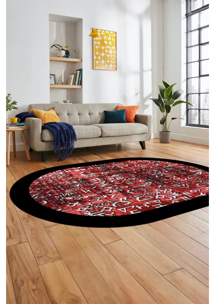 Iskandinav Çerçeve Desen Modern Yıkanabilir Yolluk Mutfak Oval Salon Halısı, O-Çerçeveli-16-Kırmızı,