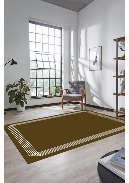 Dijital Baskılı Kaymaz Yıkanabilir Modern Sade Çerçeveli Yolluk Salon Halısı, Çerçeveli-45-Kahve,