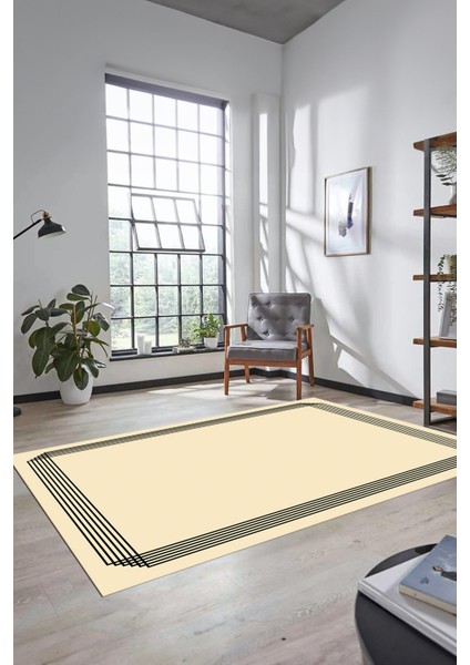Dijital Baskılı Kaymaz Yıkanabilir Modern Sade Çerçeveli Yolluk Salon Halısı, Çerçeveli-45-Krem,