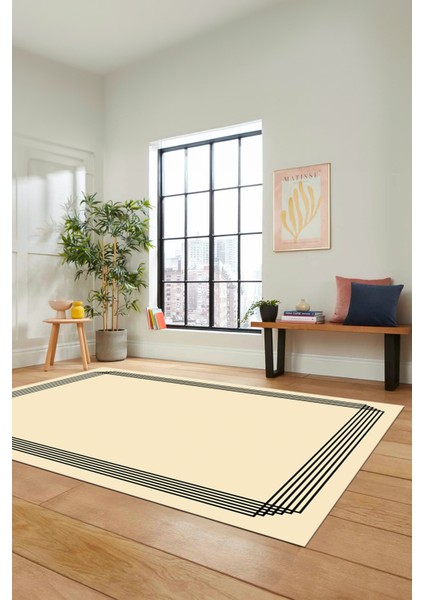 Dijital Baskılı Kaymaz Yıkanabilir Modern Sade Çerçeveli Yolluk Salon Halısı, Çerçeveli-45-Krem, modelleri