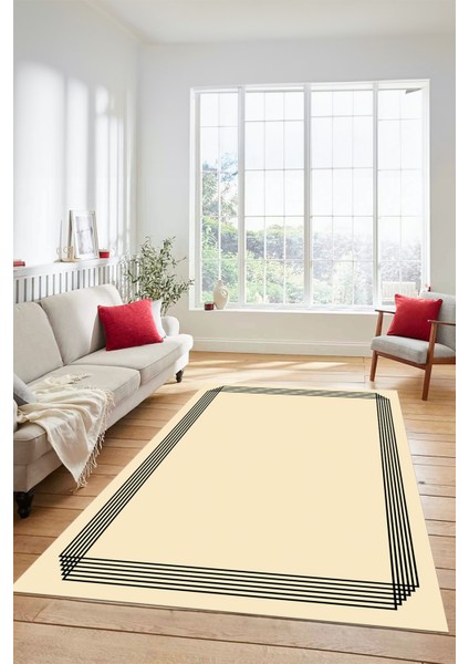 Dijital Baskılı Kaymaz Yıkanabilir Modern Sade Çerçeveli Yolluk Salon Halısı, Çerçeveli-45-Krem, fırsatları