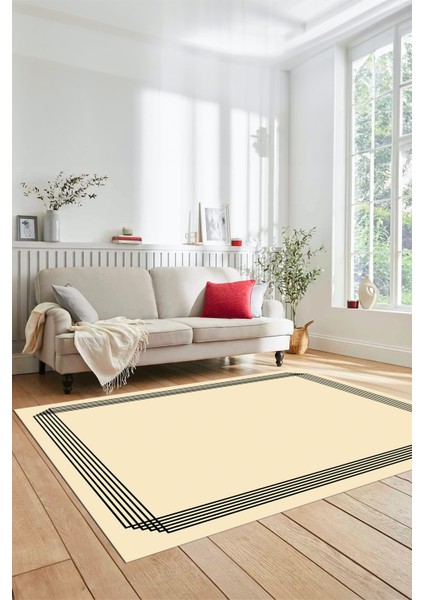 Dijital Baskılı Kaymaz Yıkanabilir Modern Sade Çerçeveli Yolluk Salon Halısı, Çerçeveli-45-Krem, indirimleri