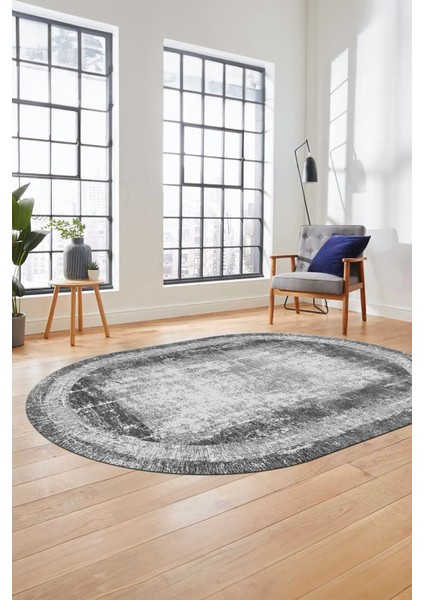 Sade Motifli Çerçeve Desen Modern Yıkanabilir Yolluk Mutfak Oval Salon Halısı, O-Çerçeveli-14-Gri,