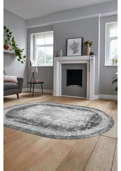 Sade Motifli Çerçeve Desen Modern Yıkanabilir Yolluk Mutfak Oval Salon Halısı, O-Çerçeveli-14-Gri, modelleri