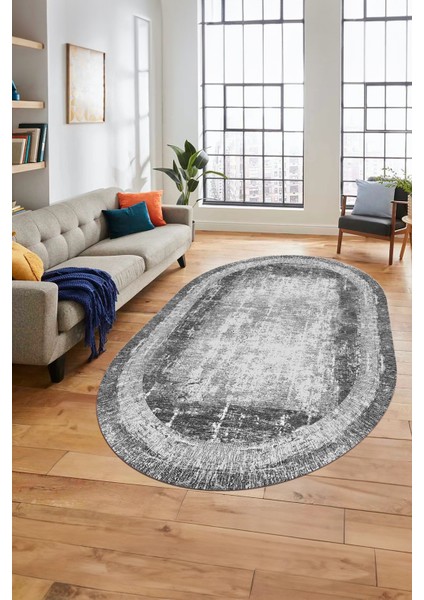Sade Motifli Çerçeve Desen Modern Yıkanabilir Yolluk Mutfak Oval Salon Halısı, O-Çerçeveli-14-Gri, fırsatları