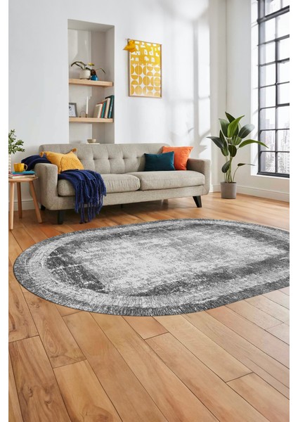 Sade Motifli Çerçeve Desen Modern Yıkanabilir Yolluk Mutfak Oval Salon Halısı, O-Çerçeveli-14-Gri, indirimleri