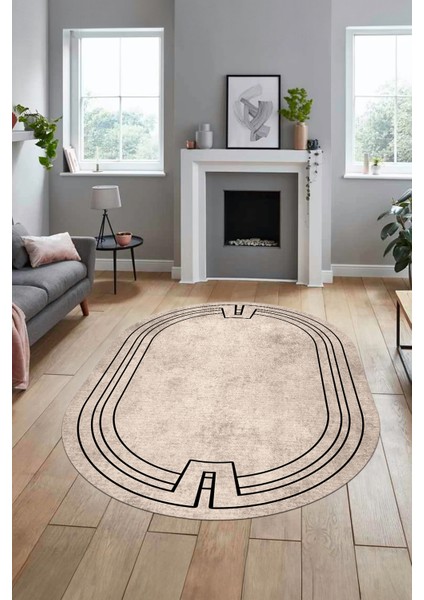 Zarif Tasarım Yıkanabilir Kaymaz Çerçeveli Oval Yolluk Mutfak Salon Halısı, O-Çerçeveli-43-Bej, indirimleri