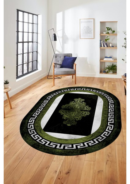 Dijital Kaymaz Yıkanabilir Çerçeveli Yolluk Oval Mutfak Salon Halısı, O-Çerçeveli-02-Yeşil,