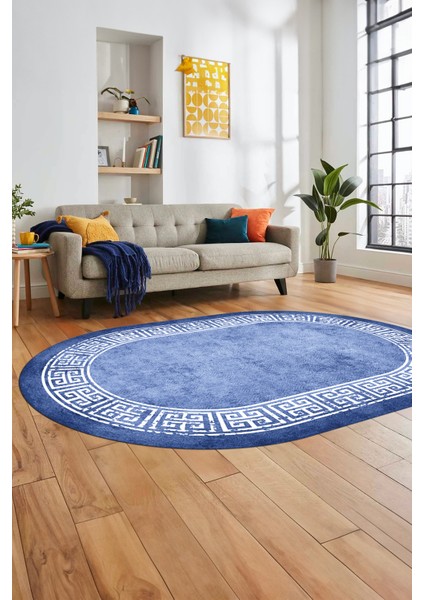 Yeni Şık Tasarım Yıkanabilir Kaymaz Taban Çerçeveli Oval Mutfak Salon Halısı, O-Çerçeveli-36-Mavi,