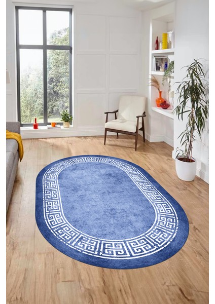 Yeni Şık Tasarım Yıkanabilir Kaymaz Taban Çerçeveli Oval Mutfak Salon Halısı, O-Çerçeveli-36-Mavi, fiyatları