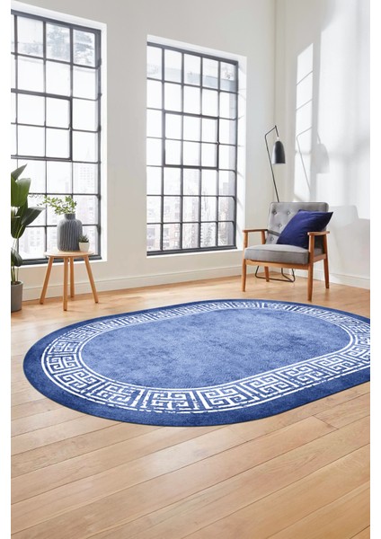 Yeni Şık Tasarım Yıkanabilir Kaymaz Taban Çerçeveli Oval Mutfak Salon Halısı, O-Çerçeveli-36-Mavi, indirimleri