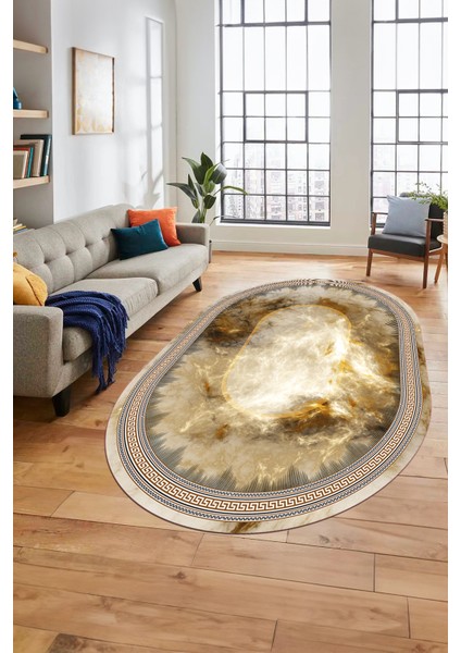 Modern Çerçeve Desen Yıkanabilir Kaymaz Yolluk Mutfak Oval Salon Halısı, O-Çerçeveli-25-Kahve,