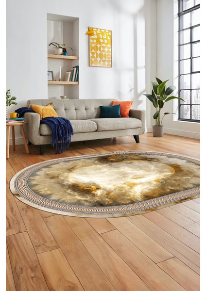 Modern Çerçeve Desen Yıkanabilir Kaymaz Yolluk Mutfak Oval Salon Halısı, O-Çerçeveli-25-Kahve,