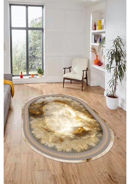 Modern Çerçeve Desen Yıkanabilir Kaymaz Yolluk Mutfak Oval Salon Halısı, O-Çerçeveli-25-Kahve,