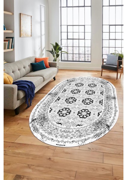 Etnik Çerçeve Desen Yıkanabilir Kaymaz Yolluk Mutfak Oval Salon Halısı, O-Çerçeveli-26-Beyaz, fiyatları