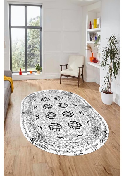 Etnik Çerçeve Desen Yıkanabilir Kaymaz Yolluk Mutfak Oval Salon Halısı, O-Çerçeveli-26-Beyaz, fırsatları