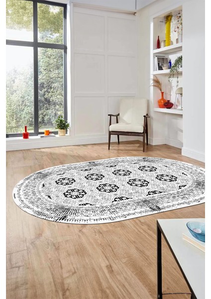 Etnik Çerçeve Desen Yıkanabilir Kaymaz Yolluk Mutfak Oval Salon Halısı, O-Çerçeveli-26-Beyaz, indirimleri