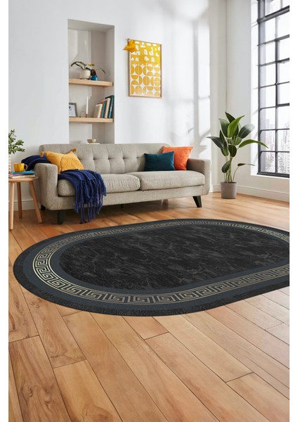 Sade Şık Çerçeve Desen Yıkanabilir Kaymaz Yolluk Mutfak Oval Salon Halısı, O-Çerçeveli-28-Antrasit,
