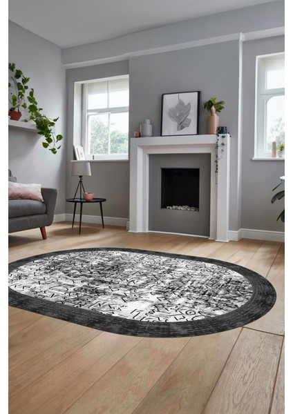Iskandinav Çerçeve Desen Modern Yıkanabilir Yolluk Mutfak Oval Salon Halısı, O-Çerçeveli-16-Gri,