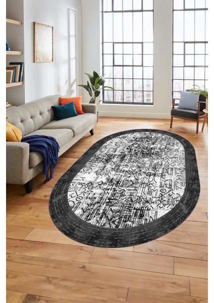 Iskandinav Çerçeve Desen Modern Yıkanabilir Yolluk Mutfak Oval Salon Halısı, O-Çerçeveli-16-Gri,