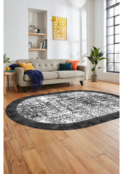 Iskandinav Çerçeve Desen Modern Yıkanabilir Yolluk Mutfak Oval Salon Halısı, O-Çerçeveli-16-Gri,
