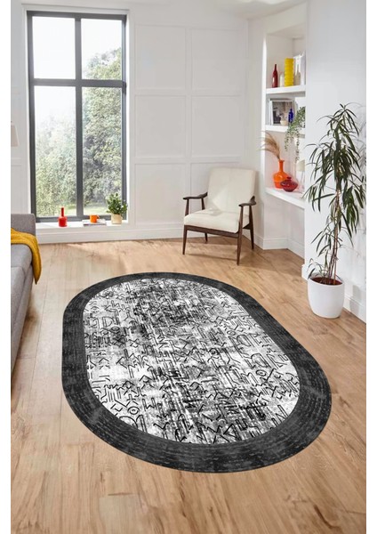 Iskandinav Çerçeve Desen Modern Yıkanabilir Yolluk Mutfak Oval Salon Halısı, O-Çerçeveli-16-Gri,