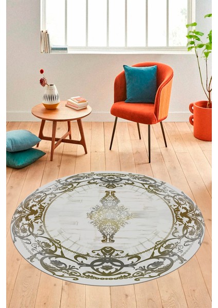 Klasik Çerçeve Desen Modern Yıkanabilir Yolluk Mutfak Yuvarlak Salon Halısı, Y-Çerçeveli-19-Gold,