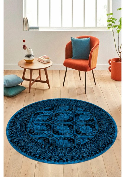 Etnik Çerçeve Desen Modern Yıkanabilir Yolluk Mutfak Yuvarlak Salon Halısı, Y-Çerçeveli-20-Mavi,