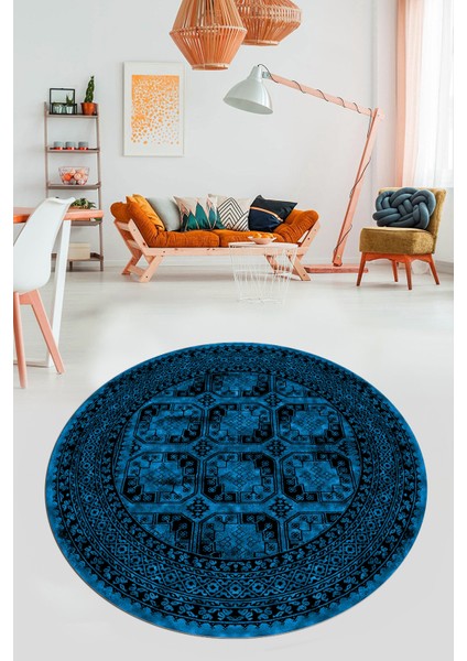Etnik Çerçeve Desen Modern Yıkanabilir Yolluk Mutfak Yuvarlak Salon Halısı, Y-Çerçeveli-20-Mavi, fiyatları