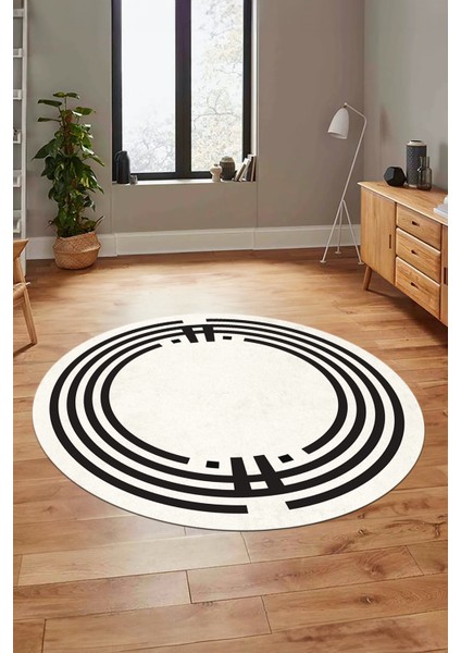 Dijital Kaymaz Yıkanabilir Modern Şık Çerçeve Yuvarlak Yolluk Salon Halısı, Y-Çerçeve-44-Krem-,