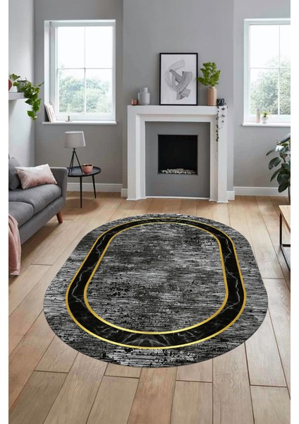 Mermer Çerçeve Desen Modern Yıkanabilir Yolluk Mutfak Oval Salon Halısı, O-Çerçeveli-18-Gri,