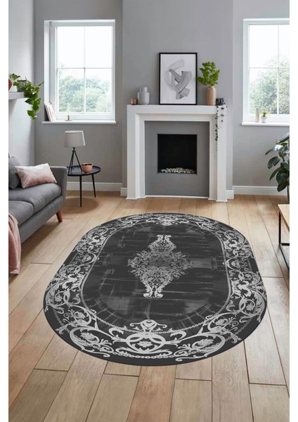 Klasik Çerçeve Desen Modern Yıkanabilir Yolluk Mutfak Oval Salon Halısı, O-Çerçeveli-19-Antrasit,