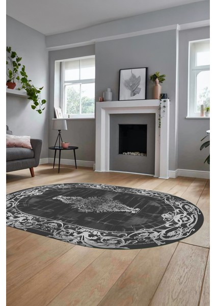 Klasik Çerçeve Desen Modern Yıkanabilir Yolluk Mutfak Oval Salon Halısı, O-Çerçeveli-19-Antrasit, fiyatları