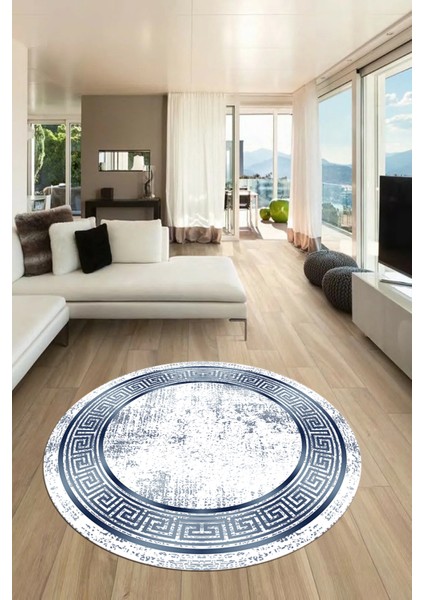 Şık Motif Çerçeve Desen Modern Yıkanabilir Yolluk Mutfak Yuvarlak Salon Halısı, Y-Çerçeveli-13-Mavi,