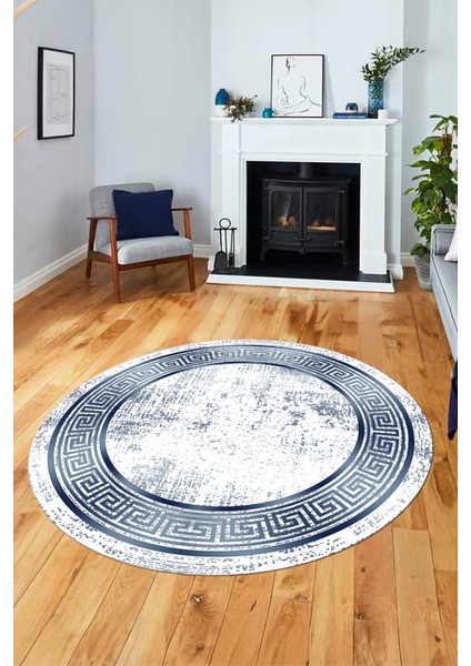 Şık Motif Çerçeve Desen Modern Yıkanabilir Yolluk Mutfak Yuvarlak Salon Halısı, Y-Çerçeveli-13-Mavi, indirimleri