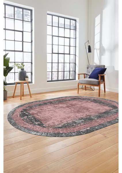 Sade Motifli Çerçeve Desen Modern Yıkanabilir Yolluk Mutfak Oval Salon Halısı, O-Çerçeveli-14-Pembe,