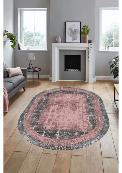 Sade Motifli Çerçeve Desen Modern Yıkanabilir Yolluk Mutfak Oval Salon Halısı, O-Çerçeveli-14-Pembe,