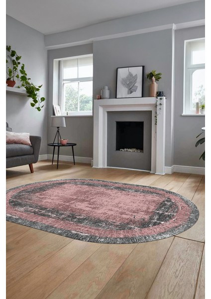 Sade Motifli Çerçeve Desen Modern Yıkanabilir Yolluk Mutfak Oval Salon Halısı, O-Çerçeveli-14-Pembe,