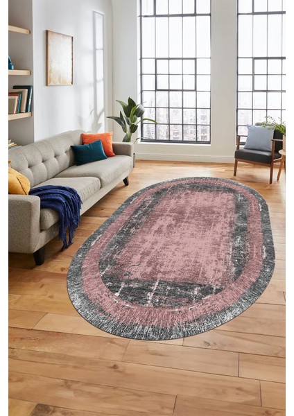 Sade Motifli Çerçeve Desen Modern Yıkanabilir Yolluk Mutfak Oval Salon Halısı, O-Çerçeveli-14-Pembe,