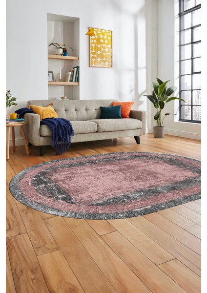 Sade Motifli Çerçeve Desen Modern Yıkanabilir Yolluk Mutfak Oval Salon Halısı, O-Çerçeveli-14-Pembe,