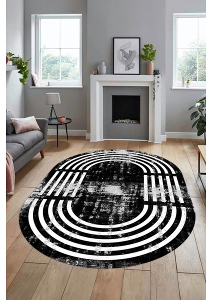 Yeni Tarz Çerçeve Desen Modern Yıkanabilir Yolluk Mutfak Oval Salon Halısı, O-Çerçeveli-15-Siyah,