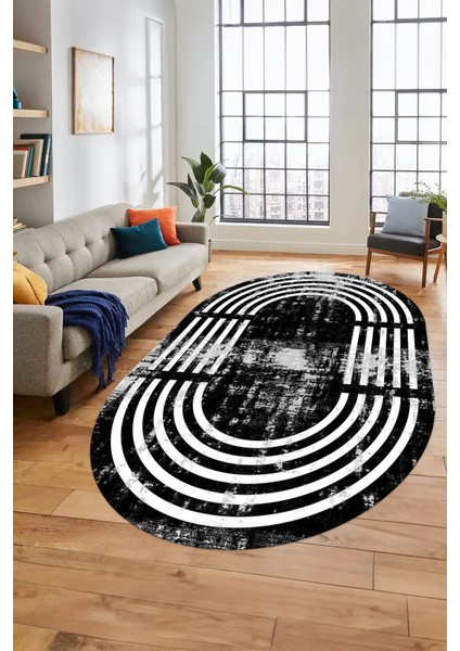 Yeni Tarz Çerçeve Desen Modern Yıkanabilir Yolluk Mutfak Oval Salon Halısı, O-Çerçeveli-15-Siyah, modelleri