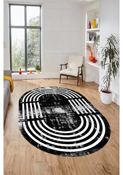 Yeni Tarz Çerçeve Desen Modern Yıkanabilir Yolluk Mutfak Oval Salon Halısı, O-Çerçeveli-15-Siyah, indirimleri