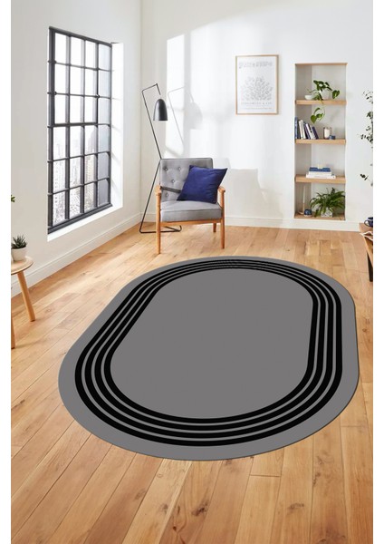 Dijital Kaymaz Taban Yıkanabilir Klasik Çerçeveli Oval Mutfak Salon Halısı, O-Çerçeveli-07-Gri,