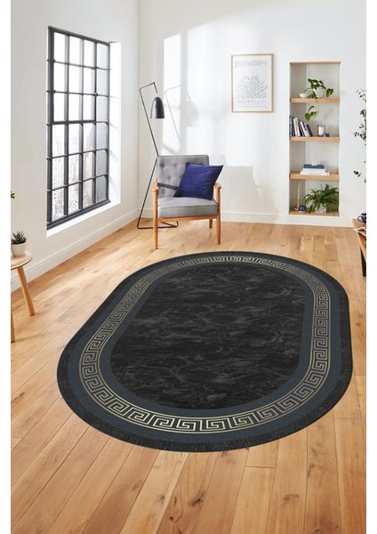 Sade Şık Çerçeve Desen Yıkanabilir Kaymaz Yolluk Mutfak Oval Salon Halısı, O-Çerçeveli-28-Antrasit,